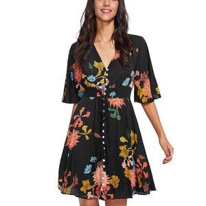 Women's Boho Button Up Split Floral Print Flowy Party Dress S